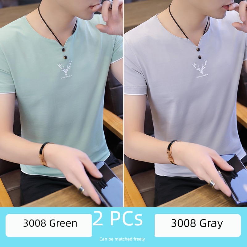man Ice feeling V-neck Chaopai fashion Self-cultivation Short sleeve T-shirt