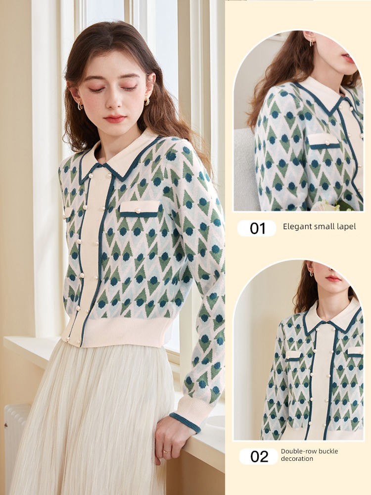 Tricolor Rhombic lattice Lapel lady Long sleeve Sweater