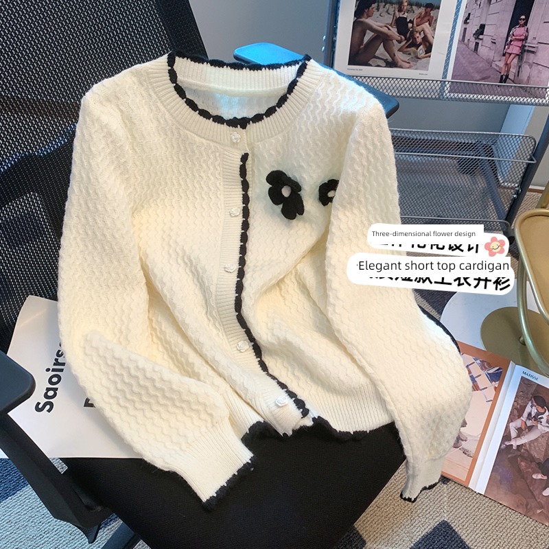 chic temperament Little fragrance three-dimensional flower knitting Cardigan 2022 Autumn and winter new pattern Sweet Age reduction sweater loose coat female