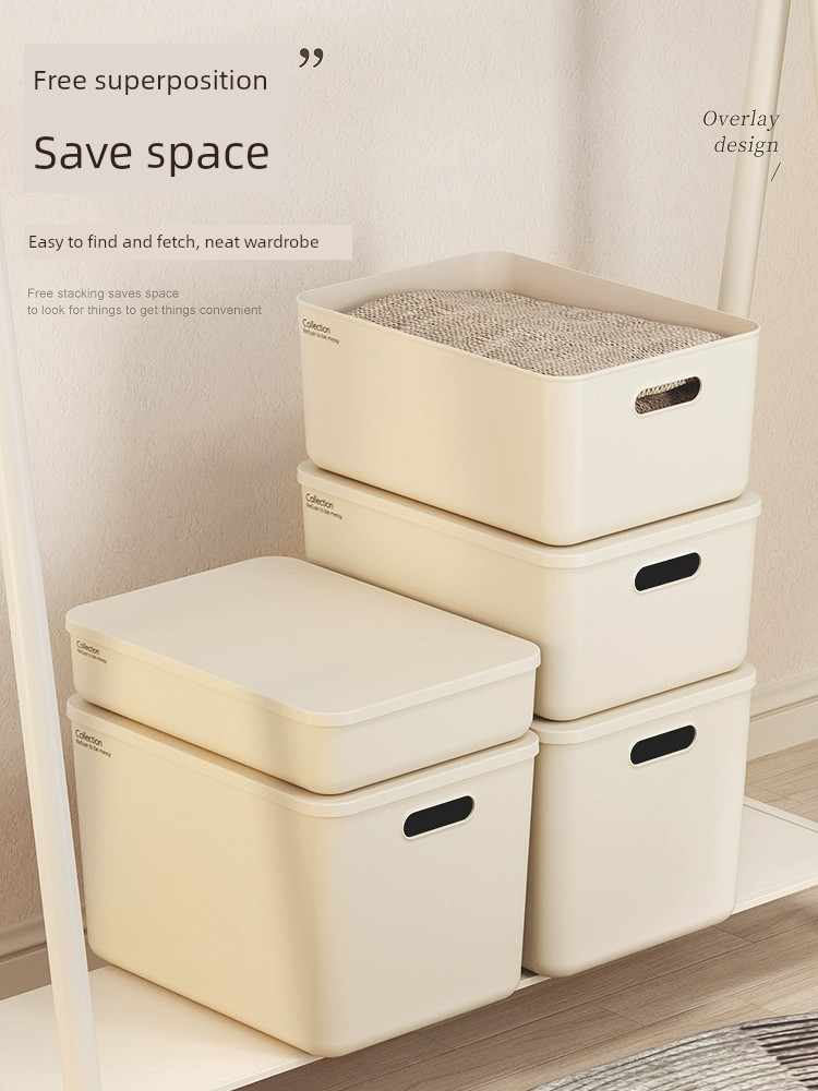 簡約風格馬卡龍色塑料收納盒 帶蓋桌面置物箱 辦公區日用品儲物籃