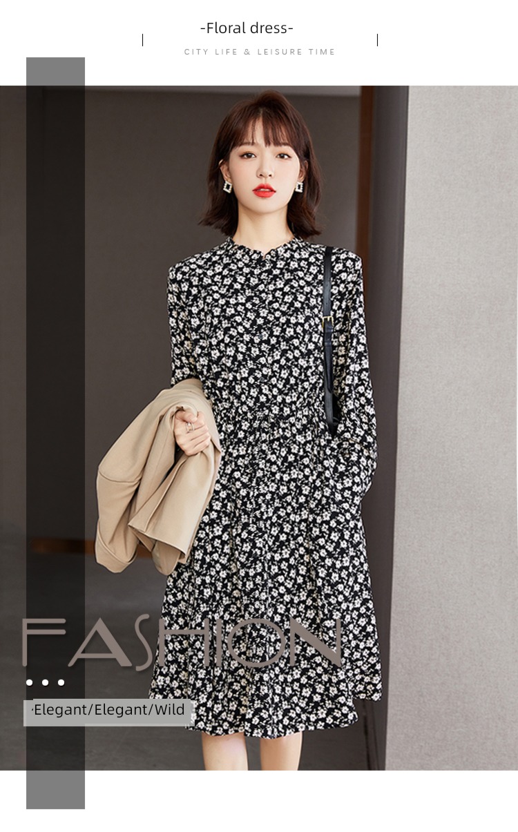 Age reduction Long sleeve Autumn clothes French Chiffon Broken flower Dress