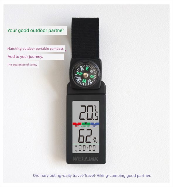 Portable mount meter outdoor household temperature and humidity meter camping mountaineering vehicle thermometer mini clock temperature and humidity meter