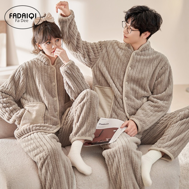 Flannel Cardigan keep warm One man and one woman lovers pajamas