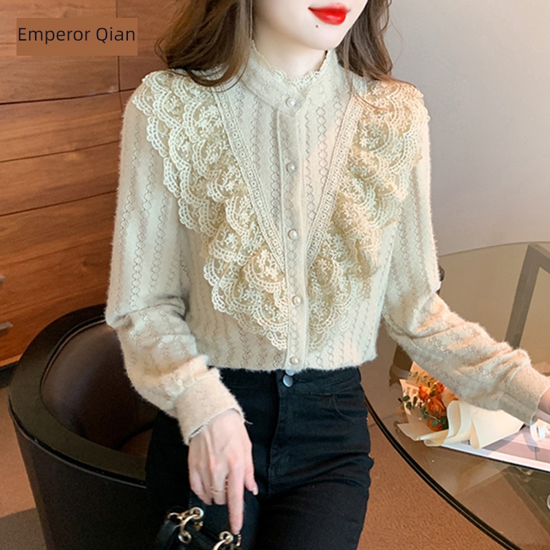 fashion Plush Lace Undershirt female Autumn and winter clothes 2022 winter new pattern Lotus leaf collar Foreign style Inner lap Small shirt jacket