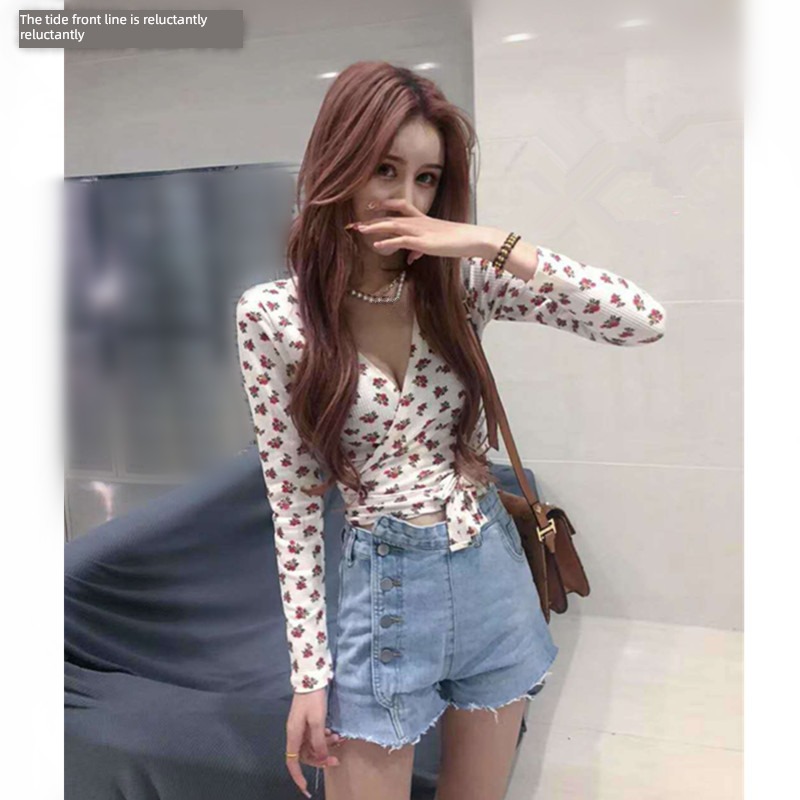 Internet celebrity Kwai Fu Self-cultivation V-neck overlapping Long sleeve T-shirt Cardigan