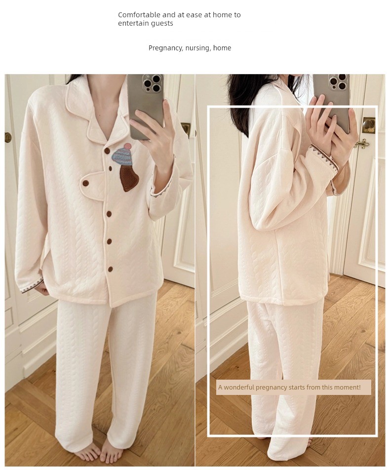 Spring, Autumn, and Winter Maternity Pajamas with Chest Pads, Thickened Air Cotton, No Need to Wear Underwear, Layered Maternity Sleepwear with Hood Set — 32
