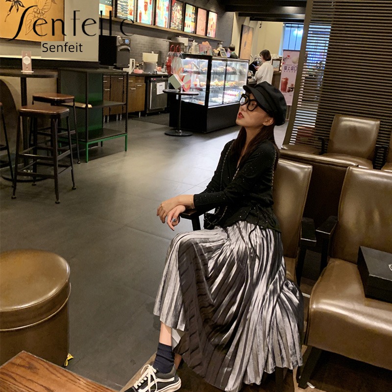 Medium and long term Autumn and winter Korean version Metallic color Half body skirt