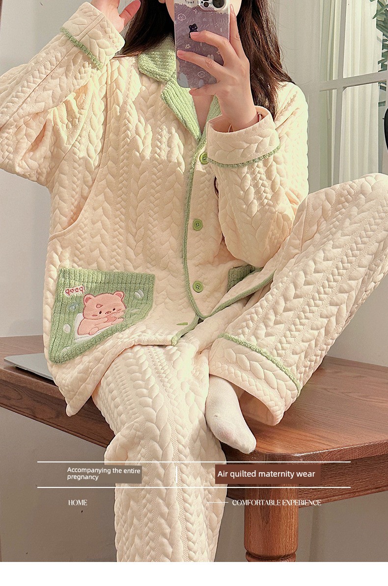 Maternity Pajamas Autumn and Winter Style Thickened Three-Layer Pure Cotton Warm Postpartum Nursing Home Wear Maternity Set — 23