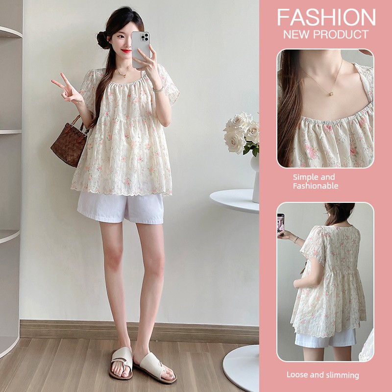 Maternity Wear Summer New Style Fresh and Sweet Square-Neck Embroidered Floral Loose Babydoll Shirt Short-Sleeve Top for Pregnant Women Trendy — 4