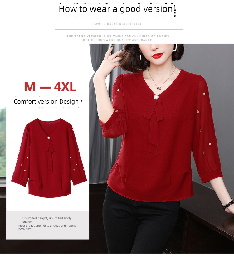 middle age mom easy three quarter sleeve Chiffon shirt summer wear