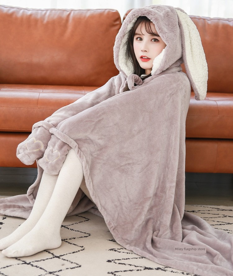 thickening Lazy man lovely rabbit Hooded Autumn and winter Nap blanket