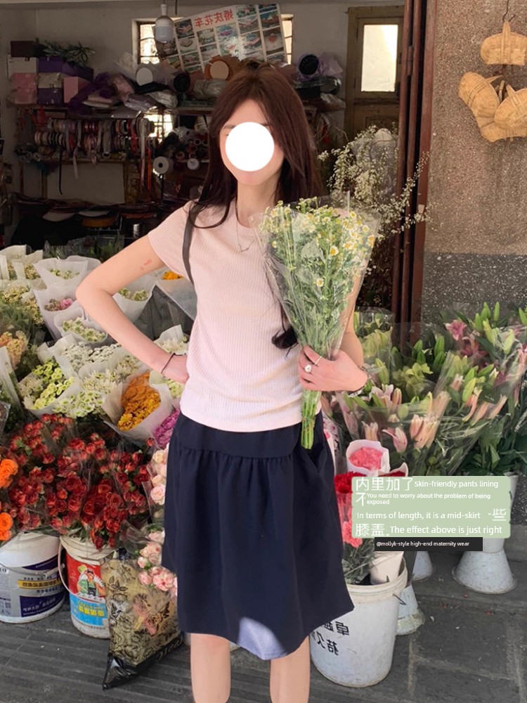 Japanese-Style College-Style Half-Skirt for Pregnant Women, Summer Thin Fashion Slimming Versatile Lazy Puff Skirt A-Line Midi Skirt — 3