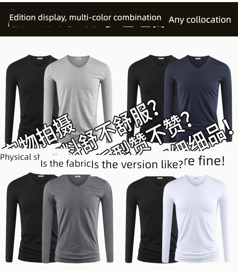 man V-collar Spring  Inner lap Tight fitting Long sleeve T-shirt