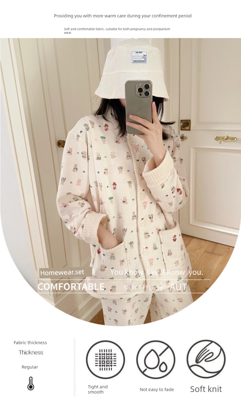 Spring, Autumn, and Winter Maternity Pajamas with Chest Pads, Thickened Air Cotton, No Need to Wear Underwear, Layered Maternity Sleepwear with Hood Set — 18