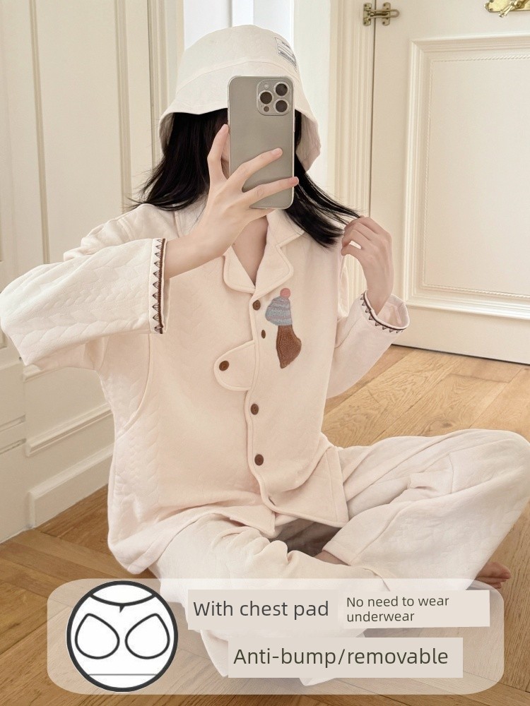 Spring, Autumn, and Winter Maternity Pajamas with Chest Pads, Thickened Air Cotton, No Need to Wear Underwear, Layered Maternity Sleepwear with Hood Set — 3