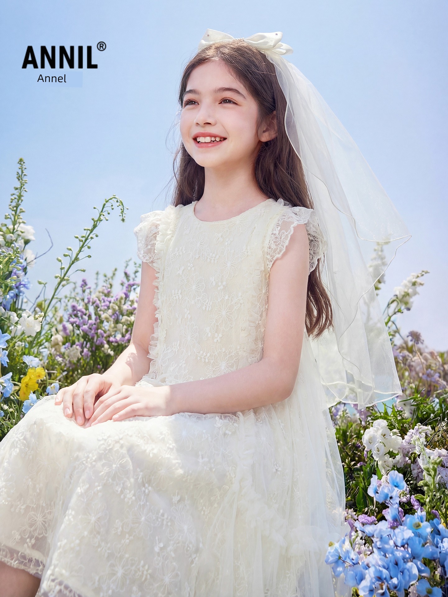 Annai Kidsren's Clothing Girls' Dress 2026 Summer New Style Mesh Breathable Sweet Veil A-Line Princess Dress