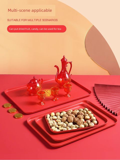 Red wedding plate rectangular plastic tray housewarming special plate living room coffee table household dried fruit plate