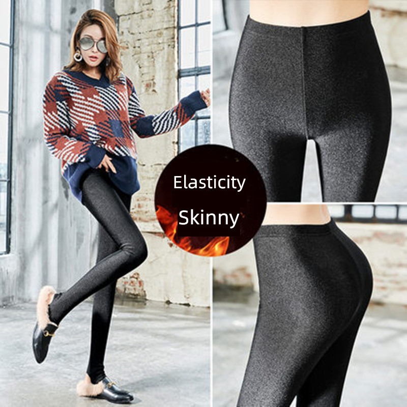 Autumn and winter Plush middle-waisted nylon Big size Nine points Glossy pants
