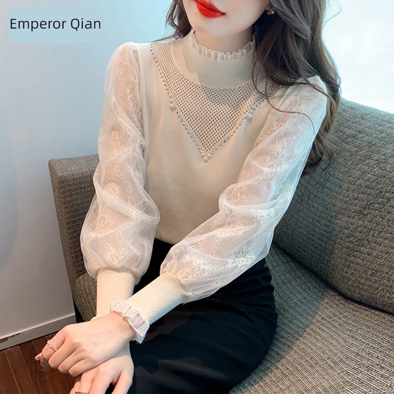 Half high collar Autumn clothes Inner lap Plush Lace Sweater