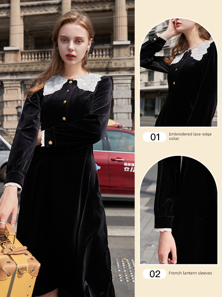 Tricolor Retro Velvet Lapel Inner lap Dress
