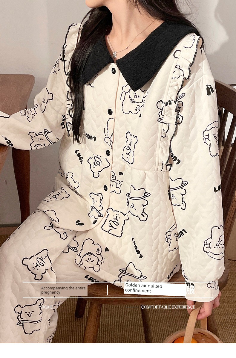 Maternity Pajamas Autumn and Winter Style Thickened Three-Layer Pure Cotton Warm Postpartum Nursing Home Wear Maternity Set — 32