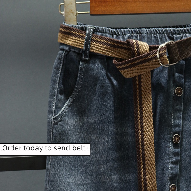 Front split Single breasted Medium and long term elastic force Denim skirt