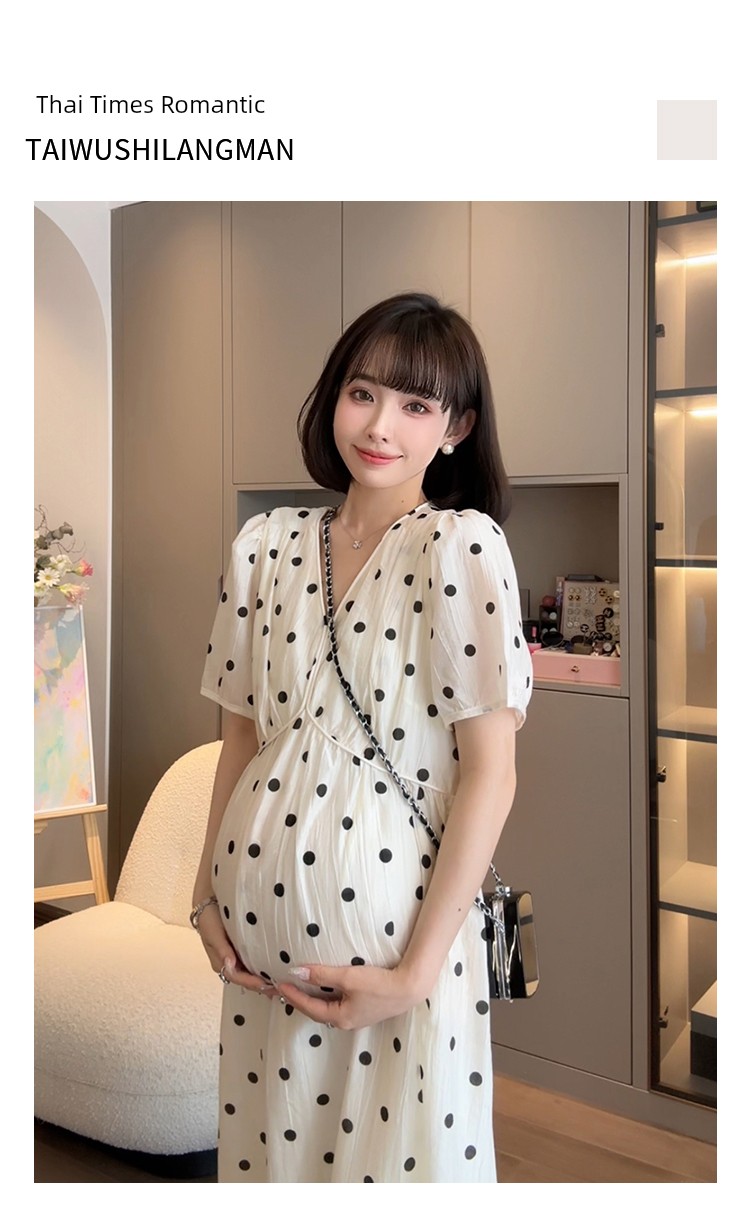 Cat Single【Tees River Romance】Nana's Maternity Wear: Stylish Polka Dot Long Dress for Summer — 3