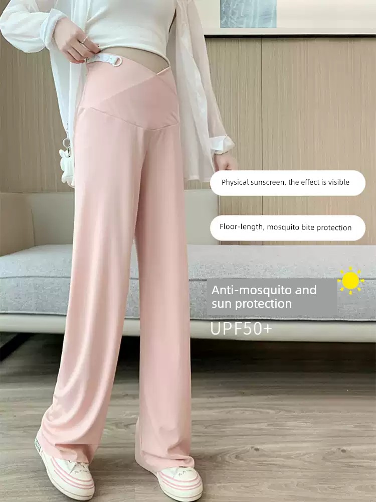 Maternity Pants Ice Silk Summer Thin Wide-Leg Pants Belly Support Straight Casual Pants Plus Size Summer Leggings for Women — 3