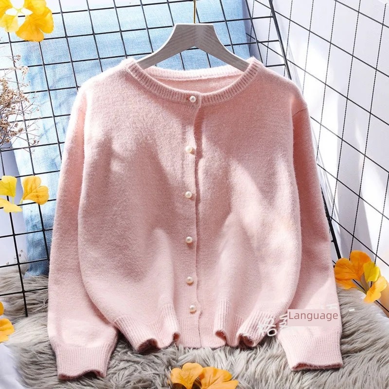Pearl buckle student spring and autumn knitting Round neck sweater Cardigan
