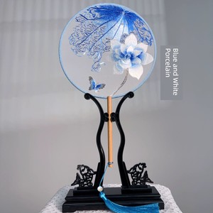 [Round Fan Series] Blue and White Porcelain Blue Lotus Suzhou Embroidery Fan, Double-Sided Embroidery Fan, Can Be Paired