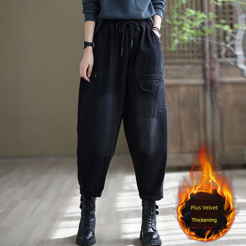 Guangzhou Xintang Town Jeans female Plush winter 2022 new pattern thickening trousers ma'am easy radish Haren pants