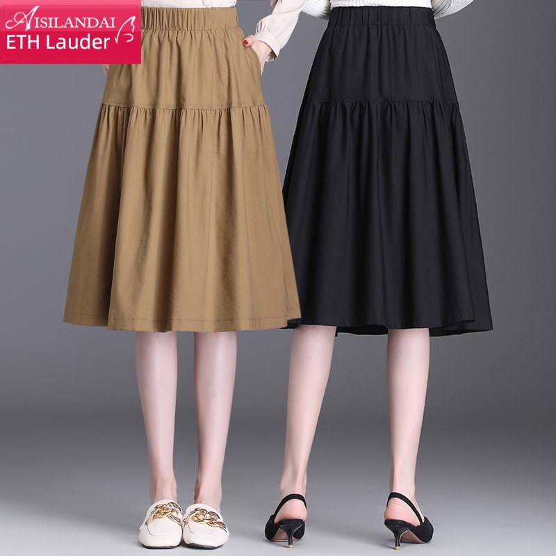 Spring and summer leisure time Elastic waist Medium and long term Pleat skirt