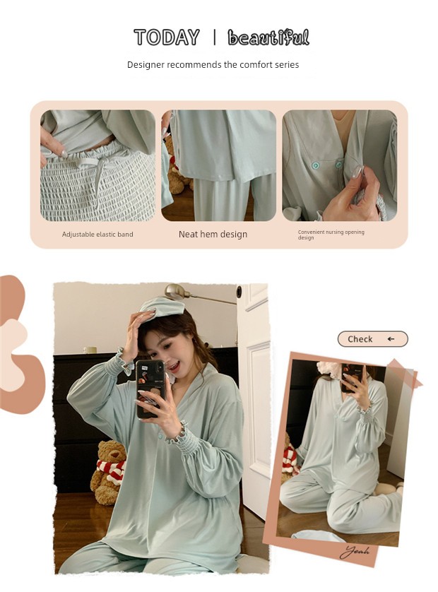 Free Hairband with Modal Maternity Pajamas for Women, Spring and Autumn Cool Nursing Postpartum Wear, Summer Thin Style with Breast Pads for Home Use — 4