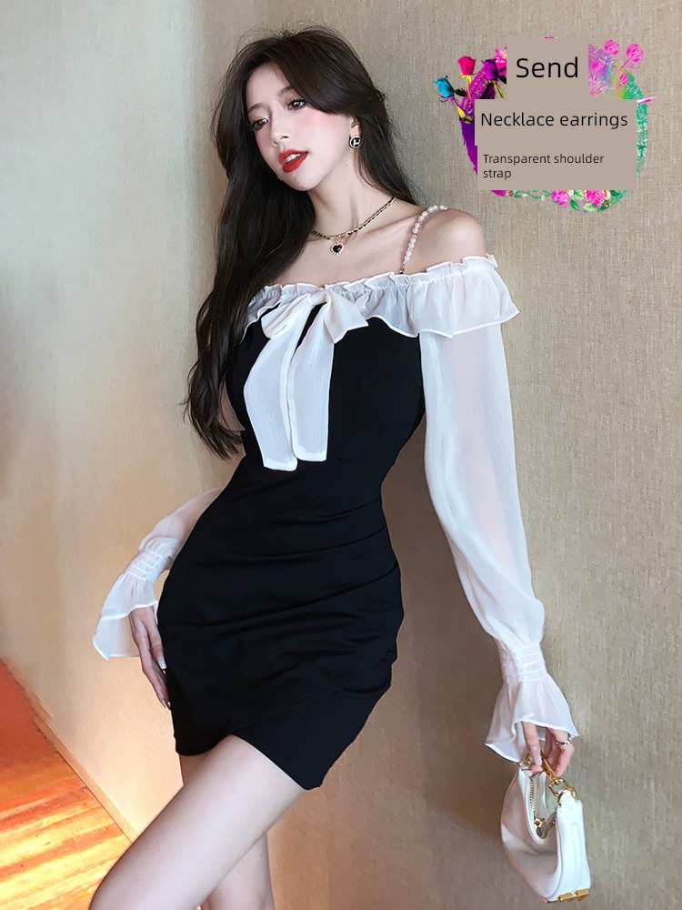 strapless  domineering lady Straight collar Pearl camisole Dress