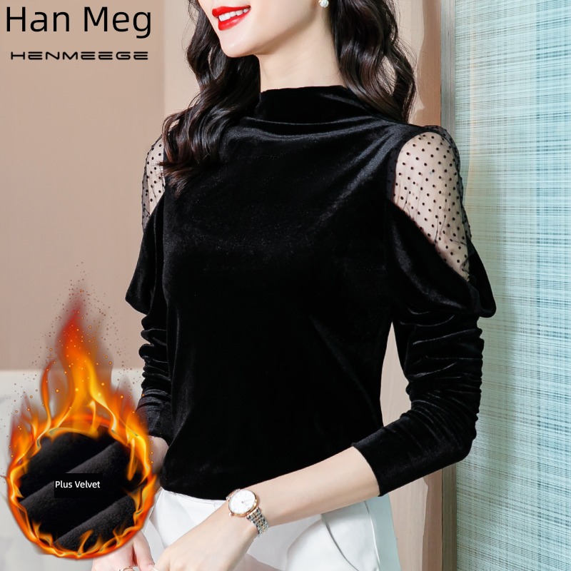 Autumn and winter Half high collar black Plush T-shirt fashion Lace