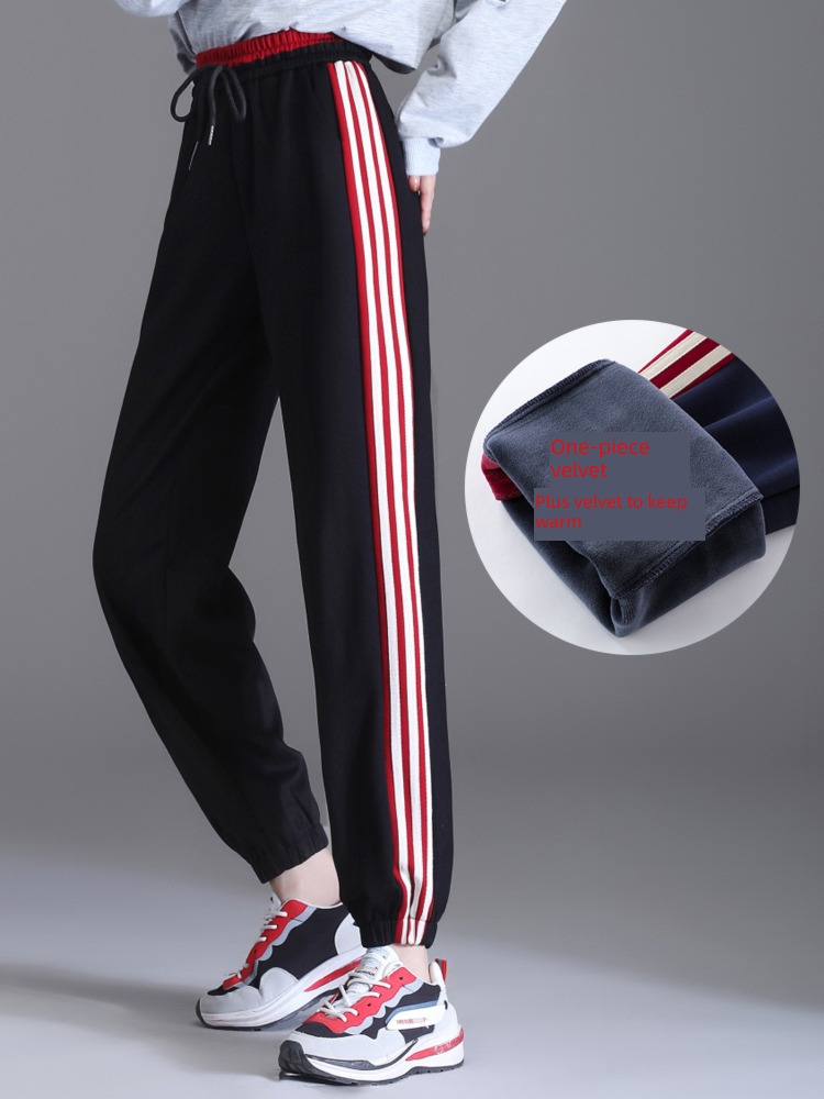 Plush thickening Sports pants female Autumn and winter Foreign style stripe Leggings Wear out Fat mm leisure time sweatpants  easy Plus Size