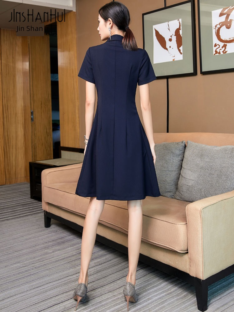 Korean version commute Short sleeve double-breasted Pleated skirt tailored collar