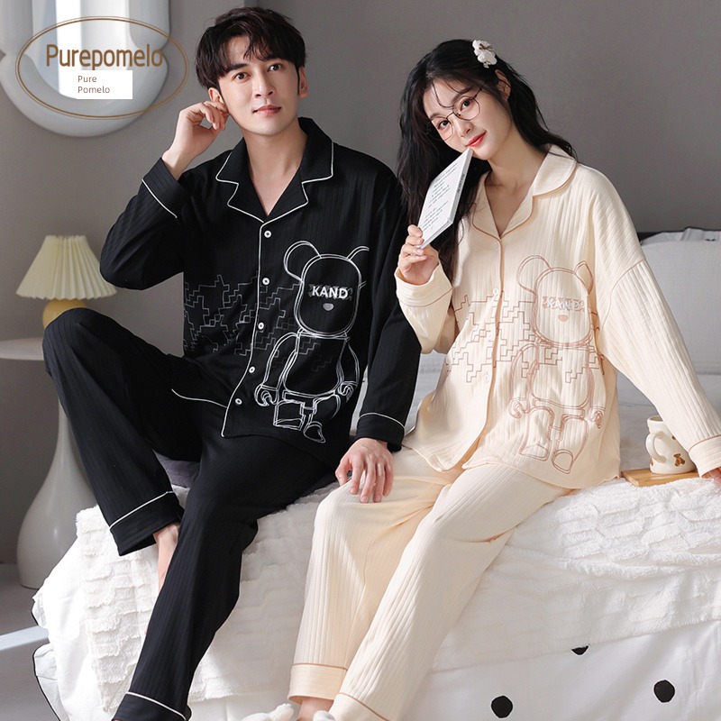 2 set lovers Spring and Autumn Cardigan Cotton men and women pajamas