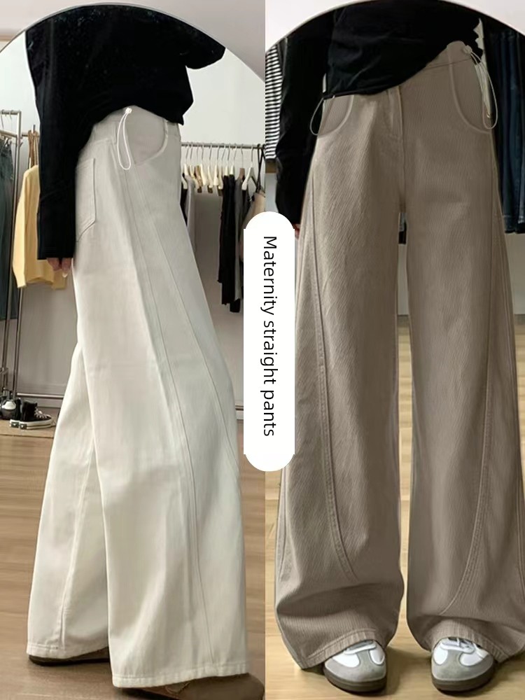 Maternity Pants for Spring and Autumn, Loose Fit, Versatile Wide-Leg Jeans, 2026 New Style, Fleece-Lined and Thickened Straight-Leg Pants