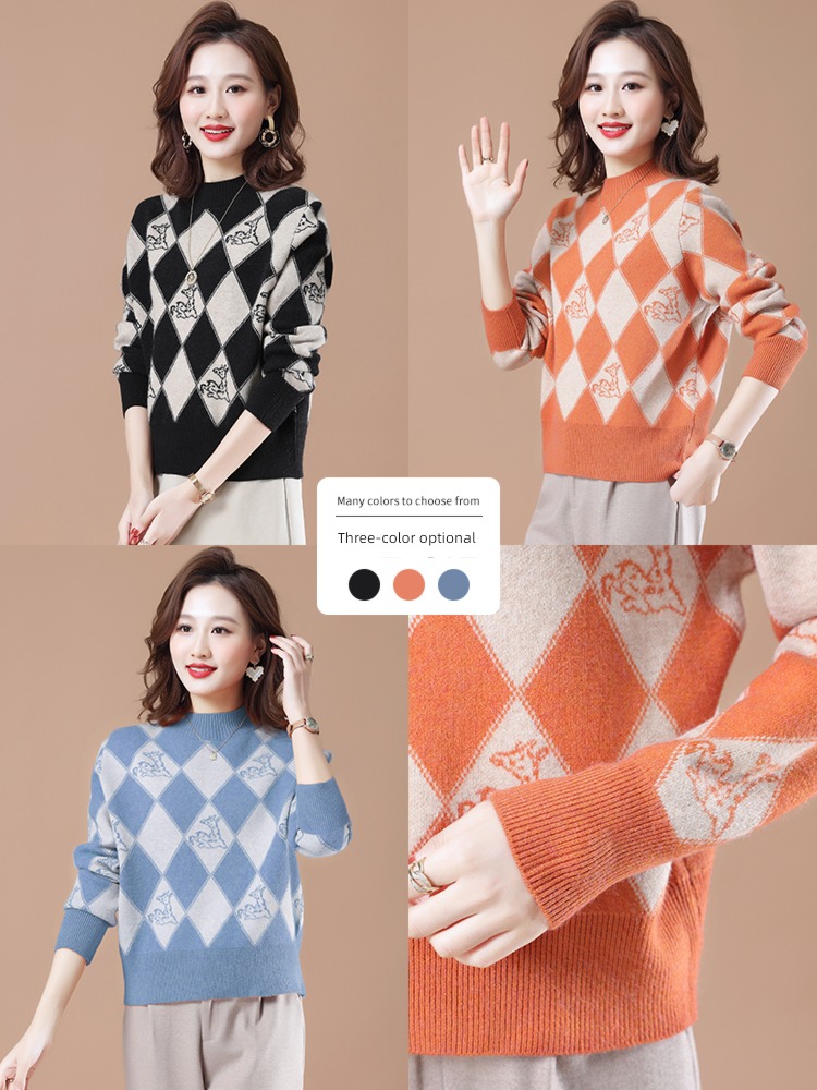 knitting Half high collar Chessboard sweater Foreign style Undershirt