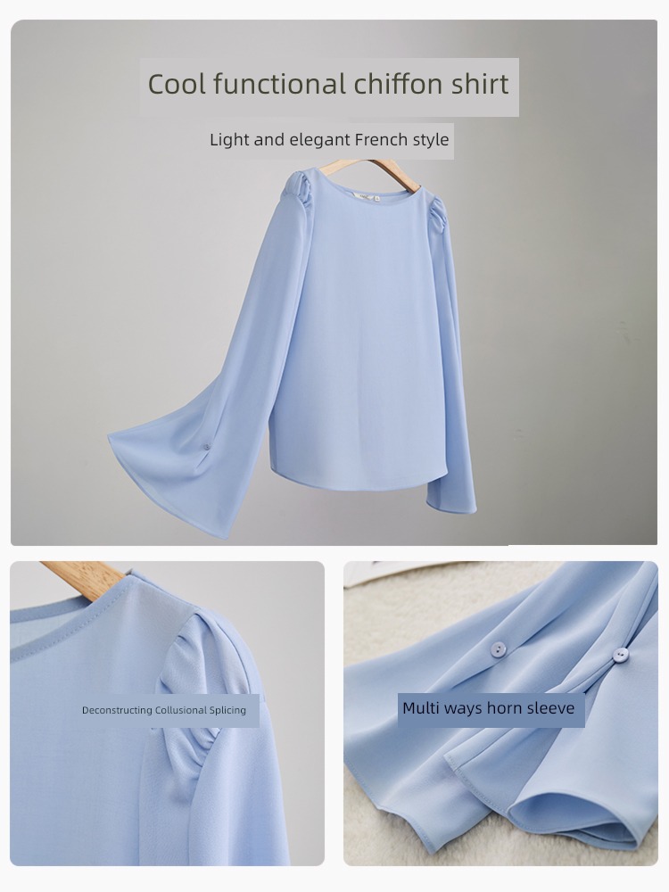 Amii2023 spring The new Straight collar pagoda sleeve Chiffon shirt unique shirt Foreign style Small shirt Long sleeve jacket female