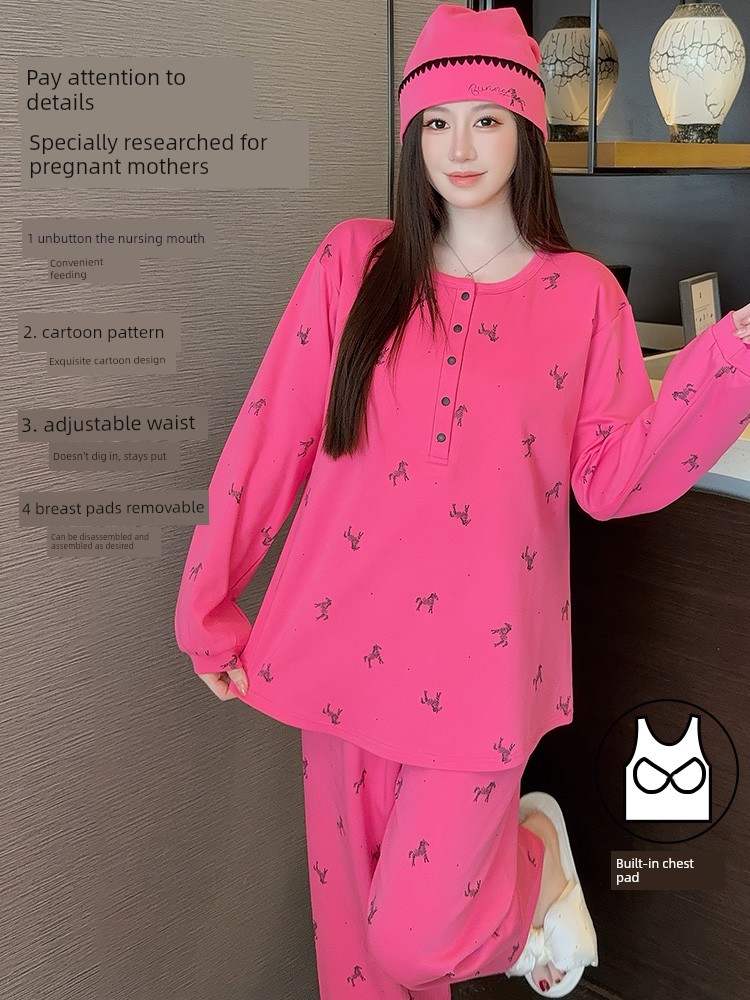 Maternity Pure Cotton Sweat-Absorbent Postpartum Clothing with Hat, Suitable for Spring and Autumn, Nursing Wear, Autumn and Winter Maternity Pajama Set, — 3