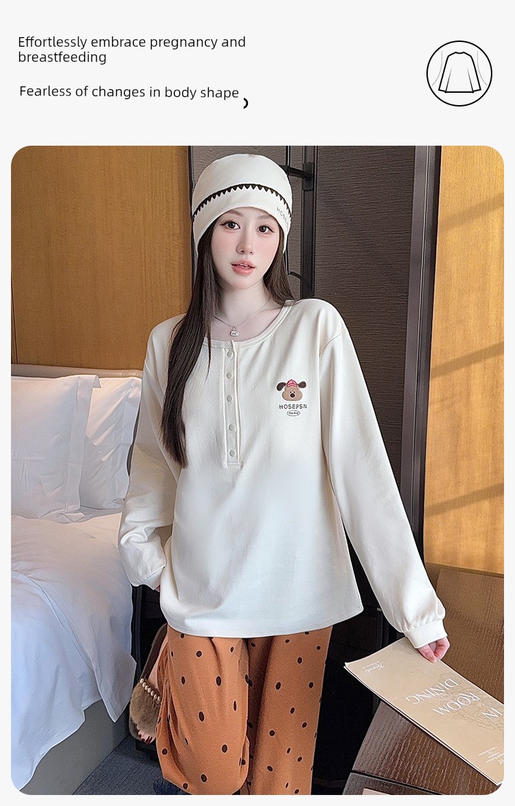 Free Hat with Winter Maternity Wear, Pure Cotton Nursing Pajamas, Spring and Autumn Postpartum All-Season Maternity Loungewear Set — 8