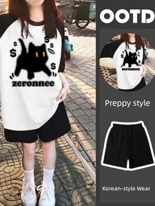Girl Wear New Arrival Summer Two-Piece Suit Loose Short Sleeve T-shirt Top Sports Knee Length Shorts Ins Children's