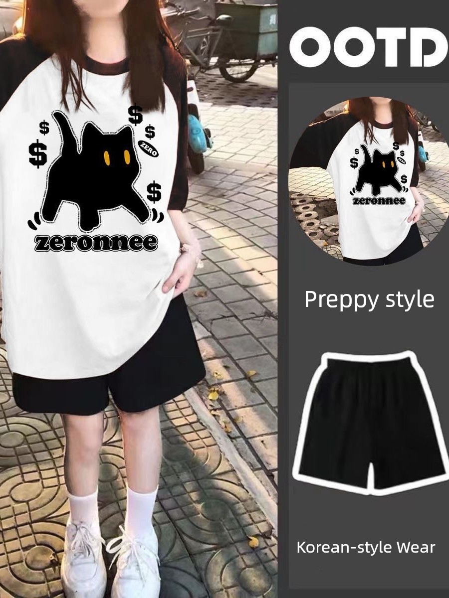 Girl Wear New Arrival Summer Two-Piece Suit Loose Short Sleeve T-shirt Top Sports Knee Length Shorts Ins Children's