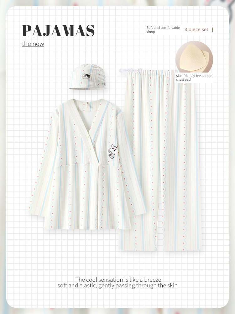 [with Hat] Little Rabbit Maternity Pajamas for Spring and Summer, Pure Cotton, Sweat-Absorbent, for Pregnant and Postpartum Women, Nursing and Breastfeeding Sleepwear