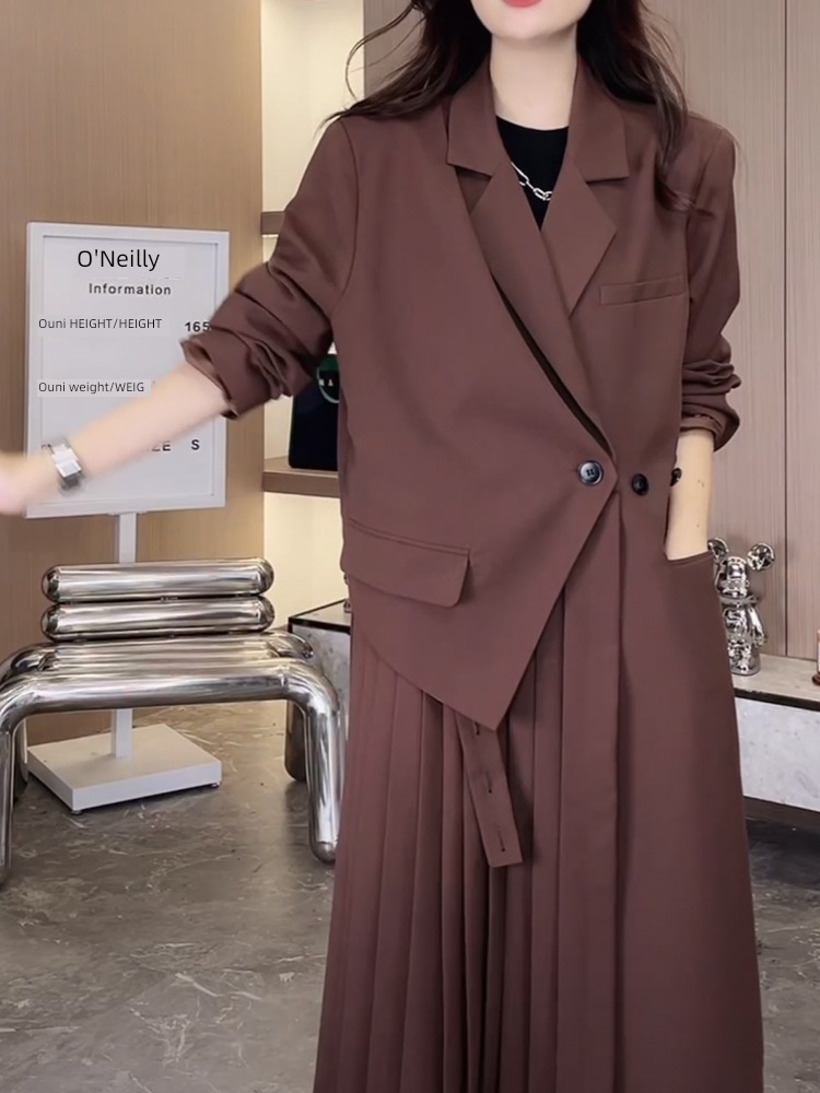 loose coat female brown Long sleeve temperament Pleat suit loose coat