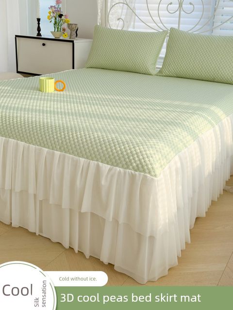 Summer ice silk bean doodle mat bed skirt three-piece set single machine washable summer cool pad air conditioning mat bed sheet pad