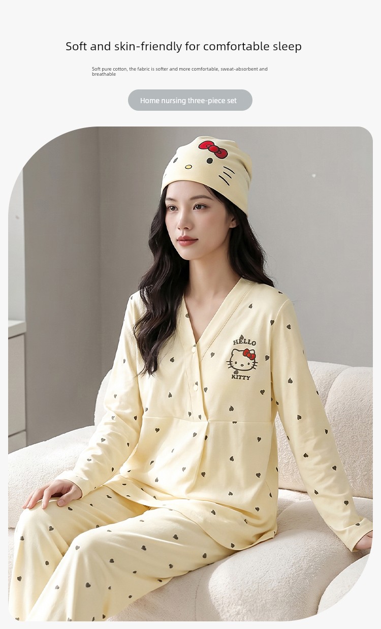 Anna Mommy's Pure Cotton Maternity Pajamas with Hat, Spring and Autumn Style, Nursing Sleepwear, Autumn and Winter Loungewear Set — 3