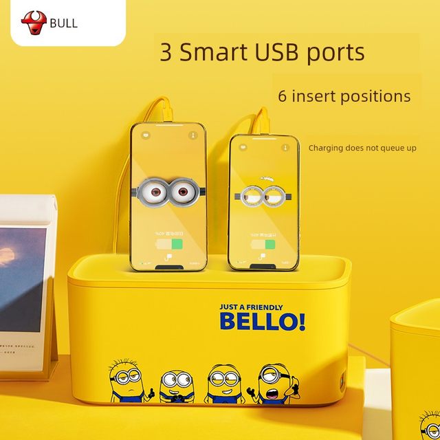 Bull socket with USB charging cartoon cute co-branded Pikachu Minions Apple fast charging storage box ultra thin